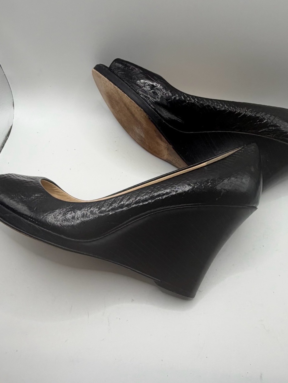 Cole Haan Black Snake Snake Skin Embossed Leather Peep-Toe Wedge Pumps